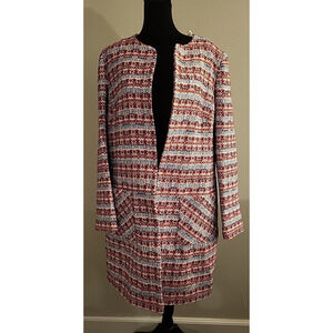 HELENE BERMAN RED BLUE BLACK TWEAD LONG COAT JACKET Size XL Made in England New